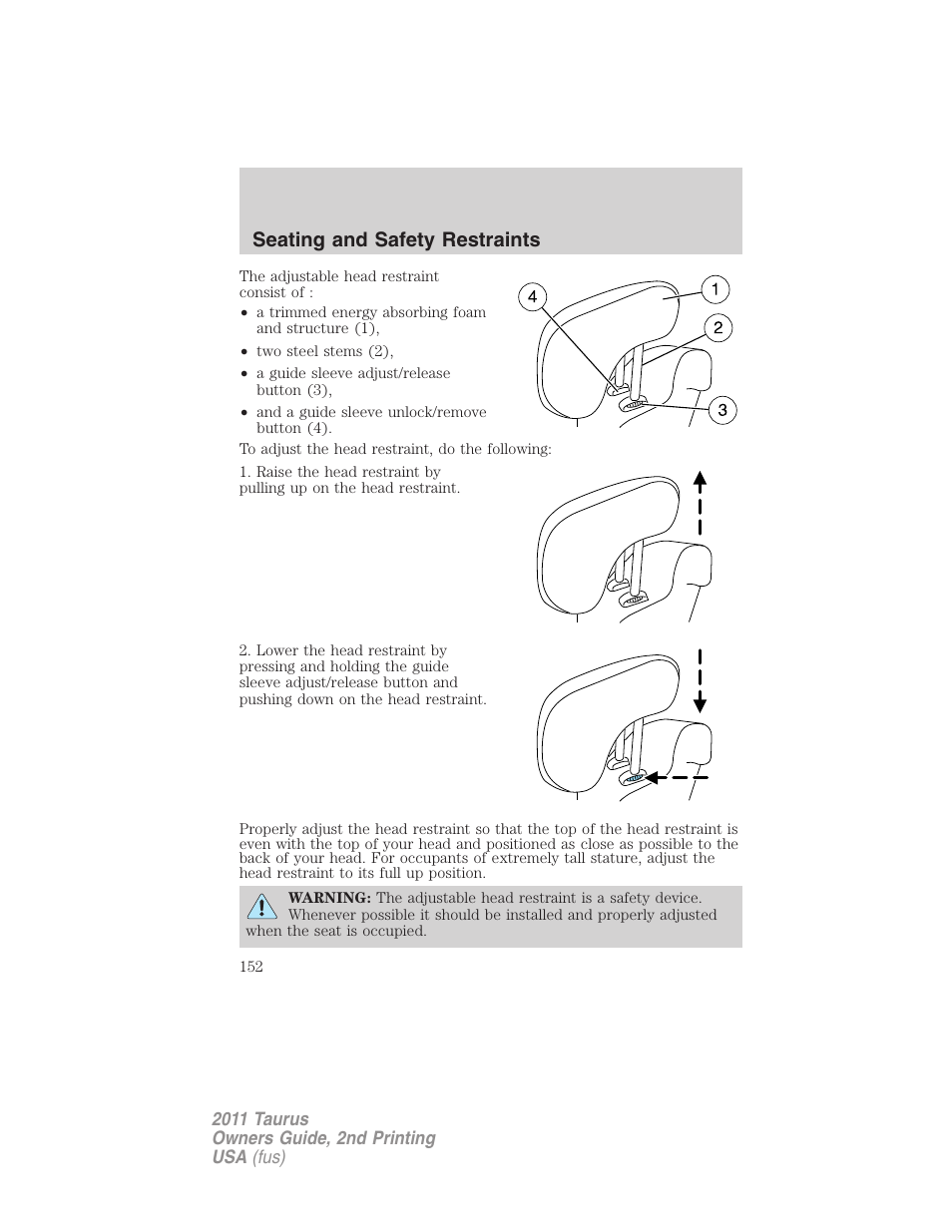 Seating and safety restraints | FORD 2011 Taurus v.2 User Manual | Page 152 / 404
