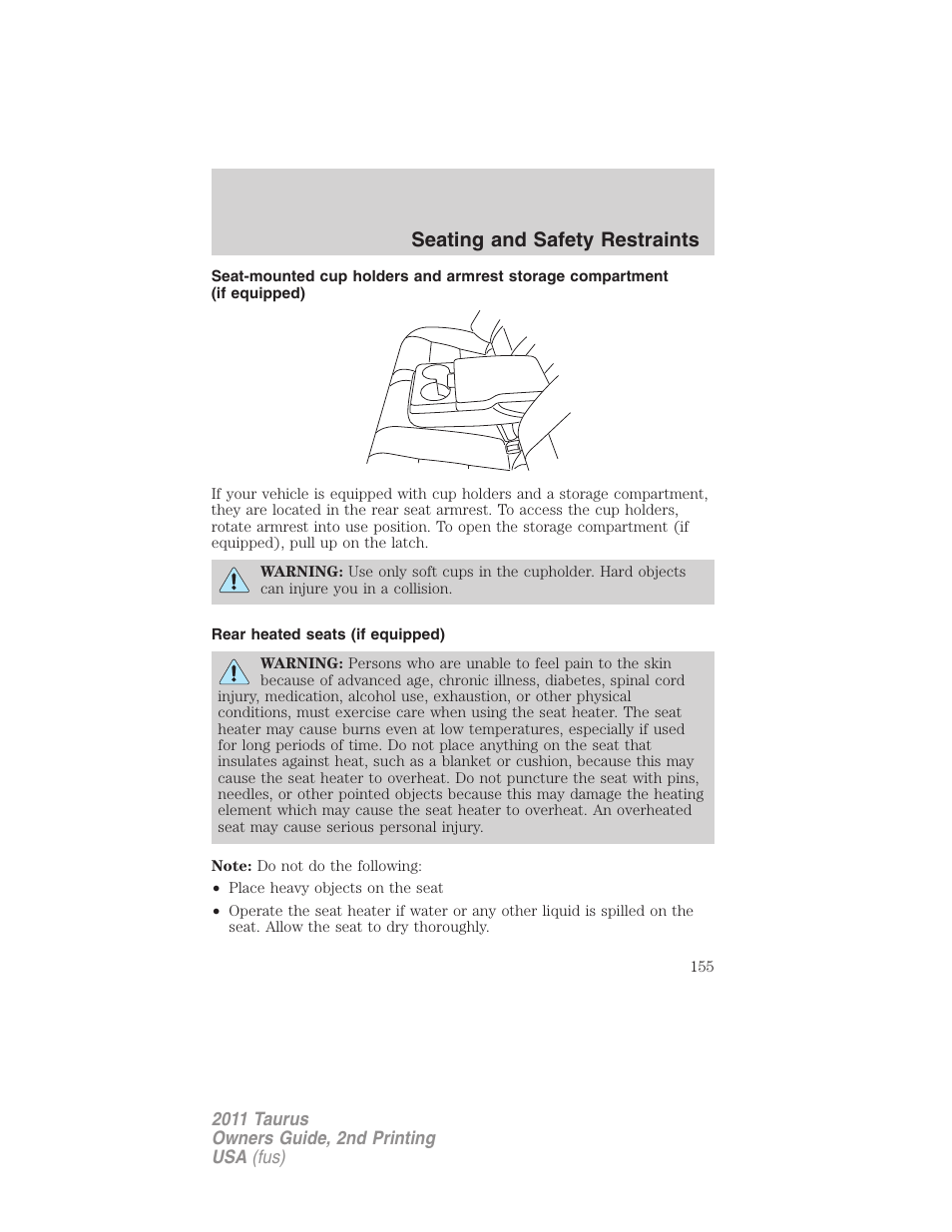 Rear heated seats (if equipped), Seating and safety restraints | FORD 2011 Taurus v.2 User Manual | Page 155 / 404