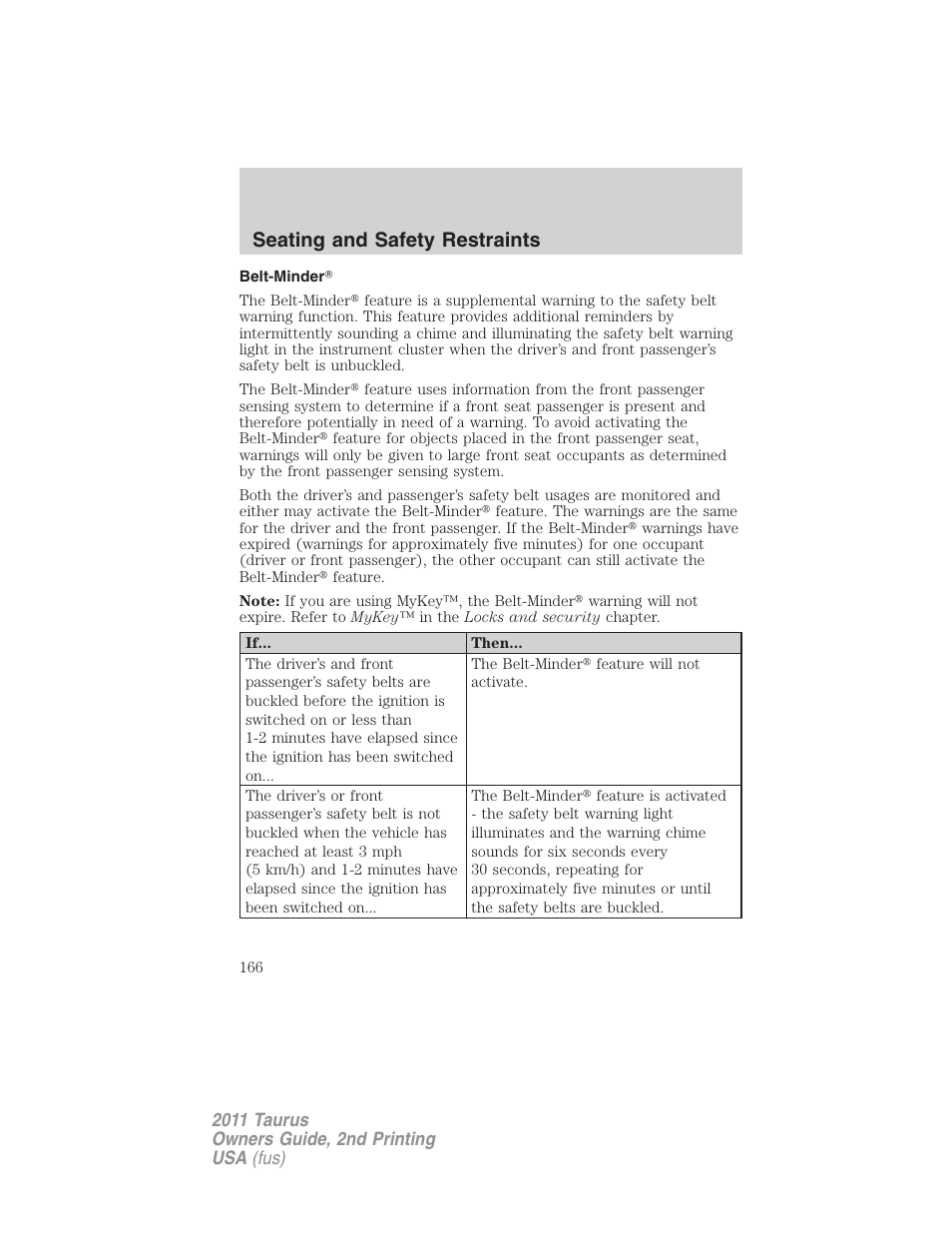 Belt-minder, Seating and safety restraints | FORD 2011 Taurus v.2 User Manual | Page 166 / 404