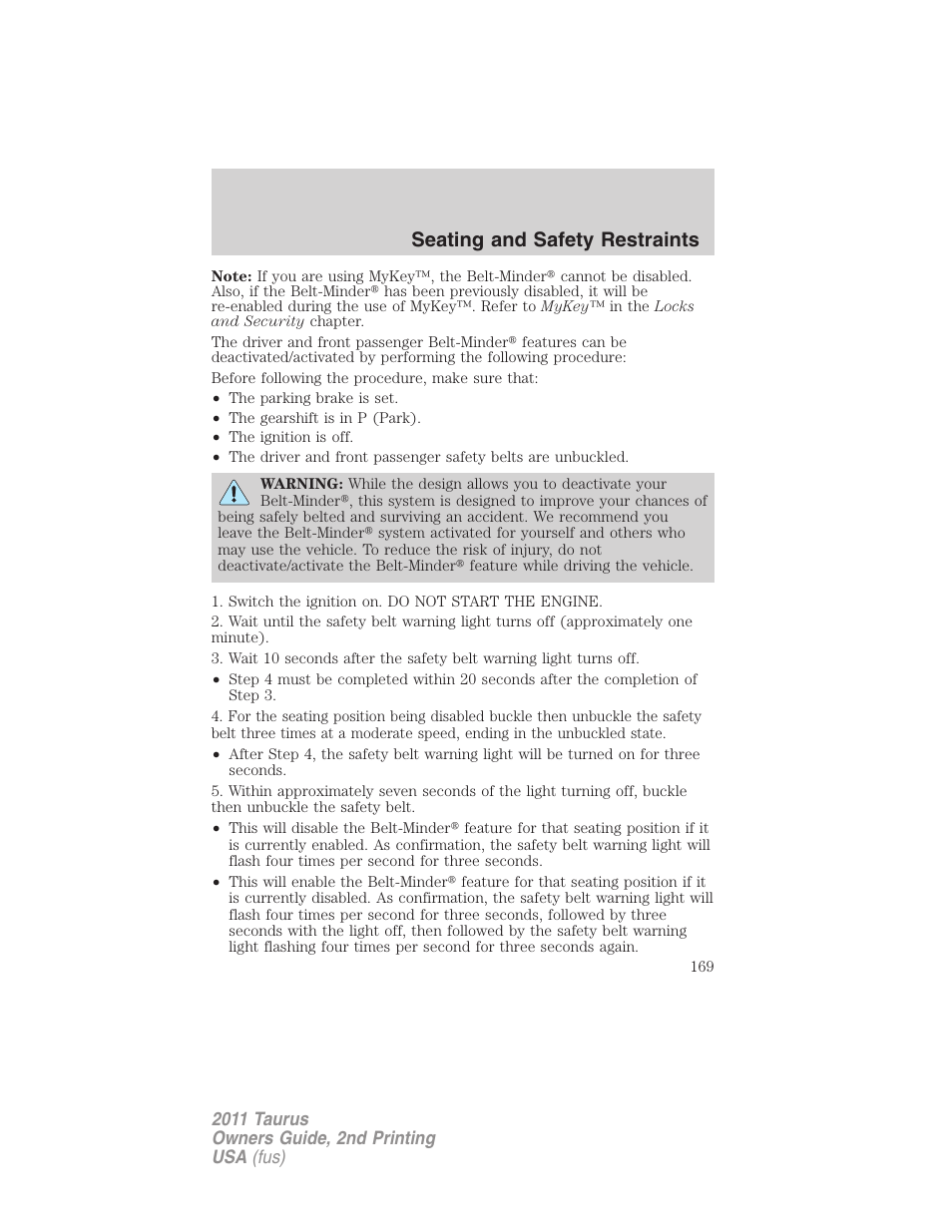 Seating and safety restraints | FORD 2011 Taurus v.2 User Manual | Page 169 / 404