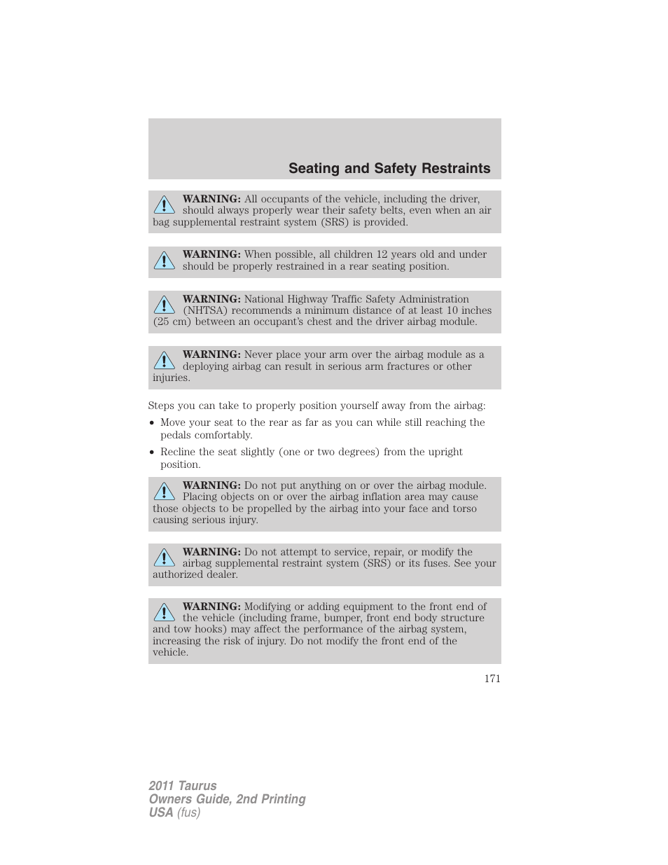 Seating and safety restraints | FORD 2011 Taurus v.2 User Manual | Page 171 / 404