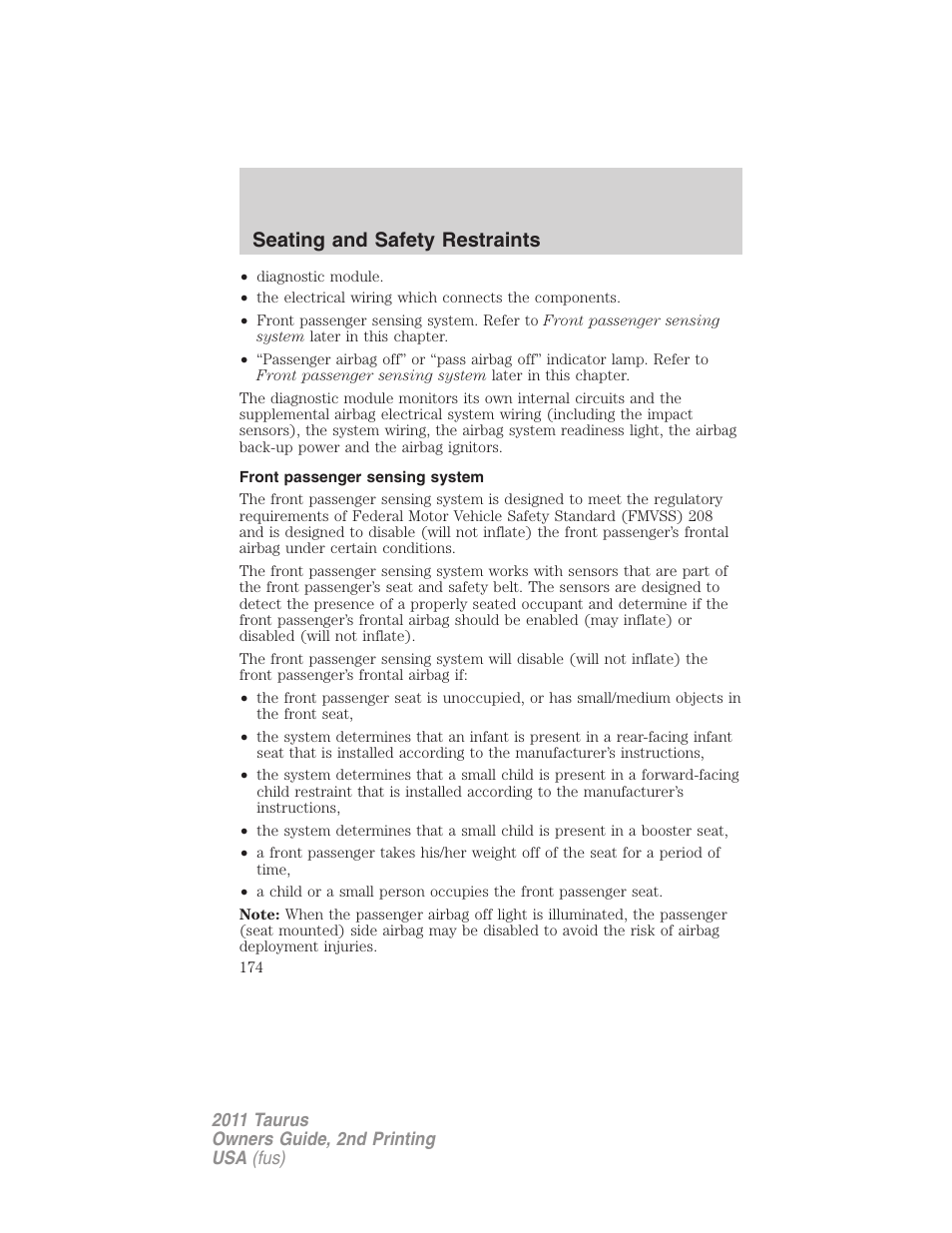 Front passenger sensing system, Seating and safety restraints | FORD 2011 Taurus v.2 User Manual | Page 174 / 404