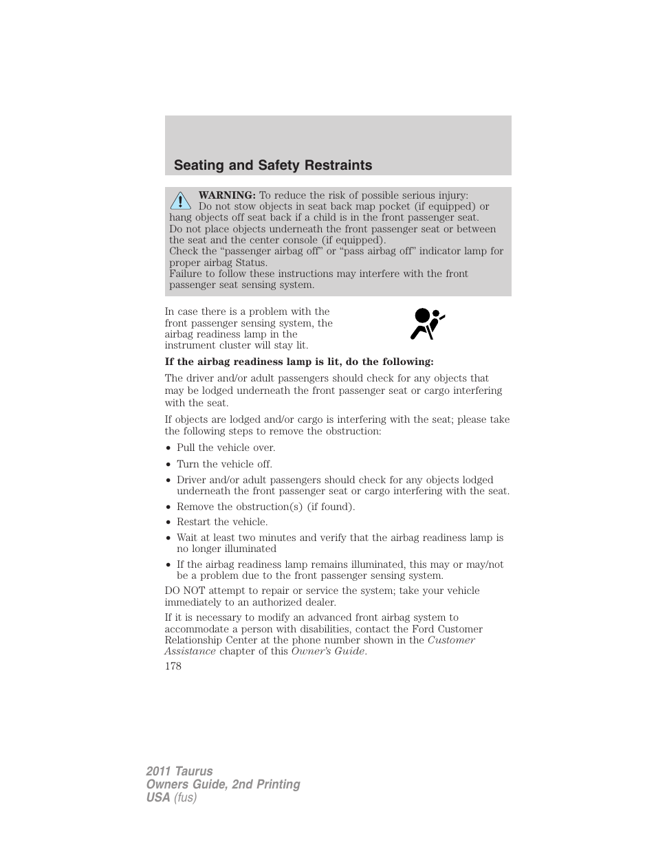 Seating and safety restraints | FORD 2011 Taurus v.2 User Manual | Page 178 / 404
