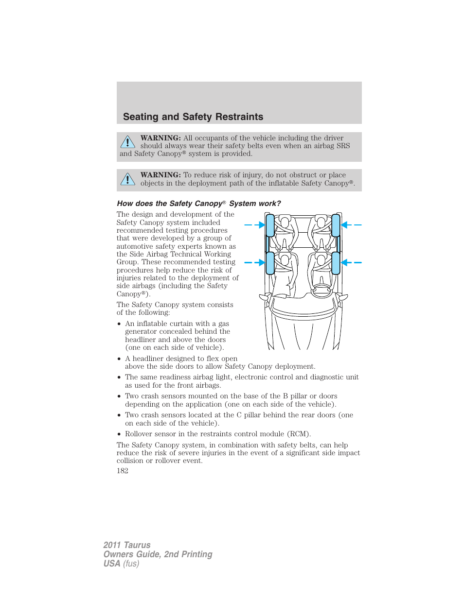 How does the safety canopy system work, Seating and safety restraints | FORD 2011 Taurus v.2 User Manual | Page 182 / 404