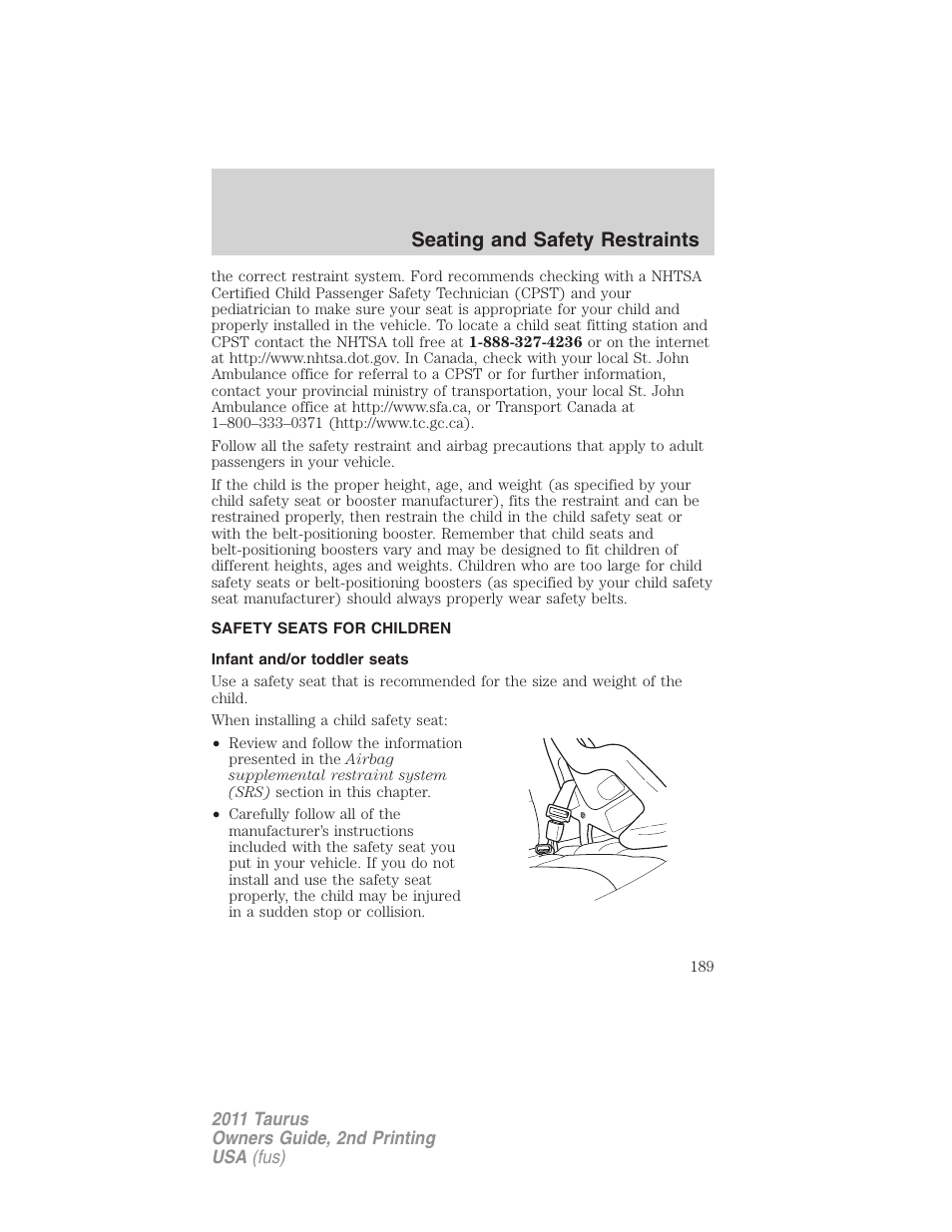Safety seats for children, Infant and/or toddler seats, Seating and safety restraints | FORD 2011 Taurus v.2 User Manual | Page 189 / 404