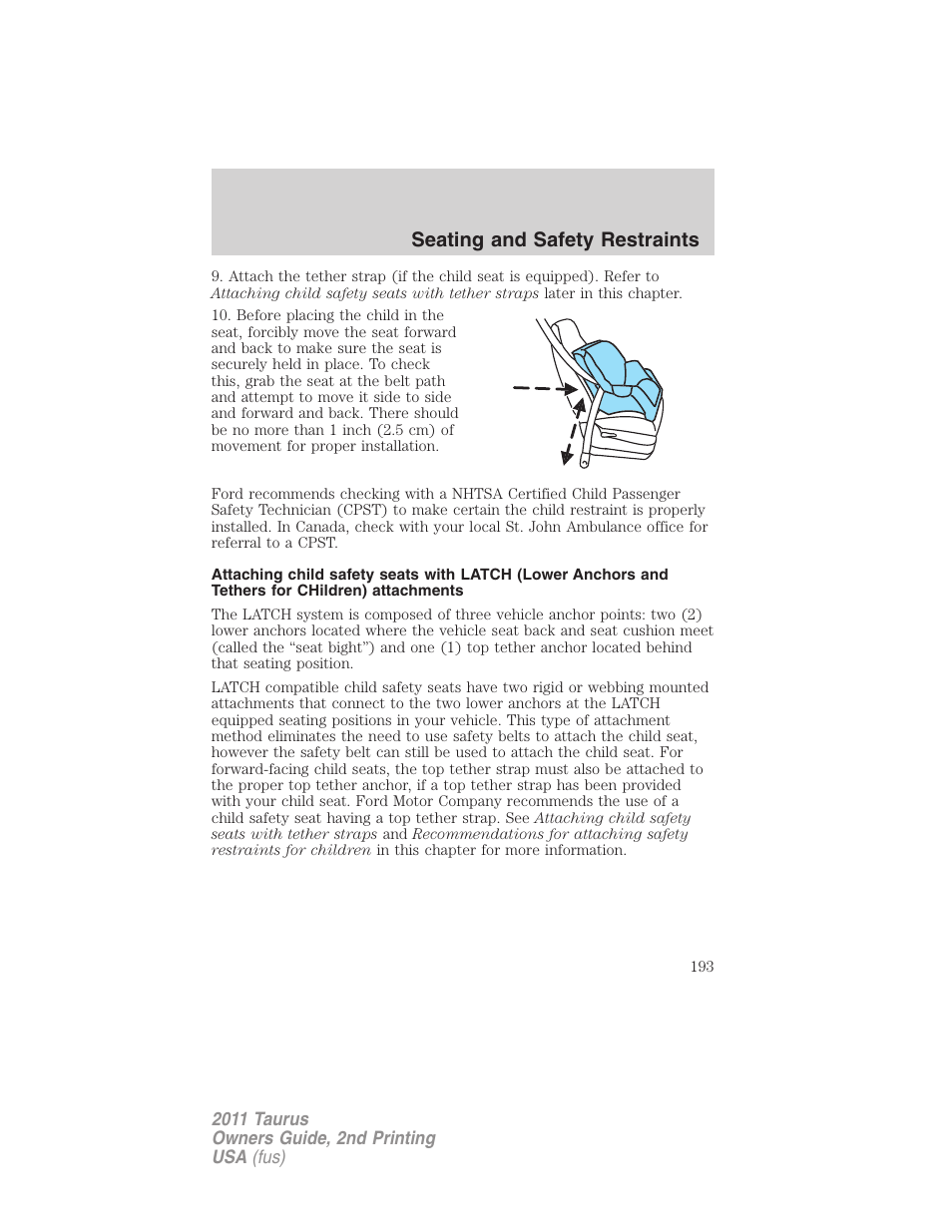 Seating and safety restraints | FORD 2011 Taurus v.2 User Manual | Page 193 / 404