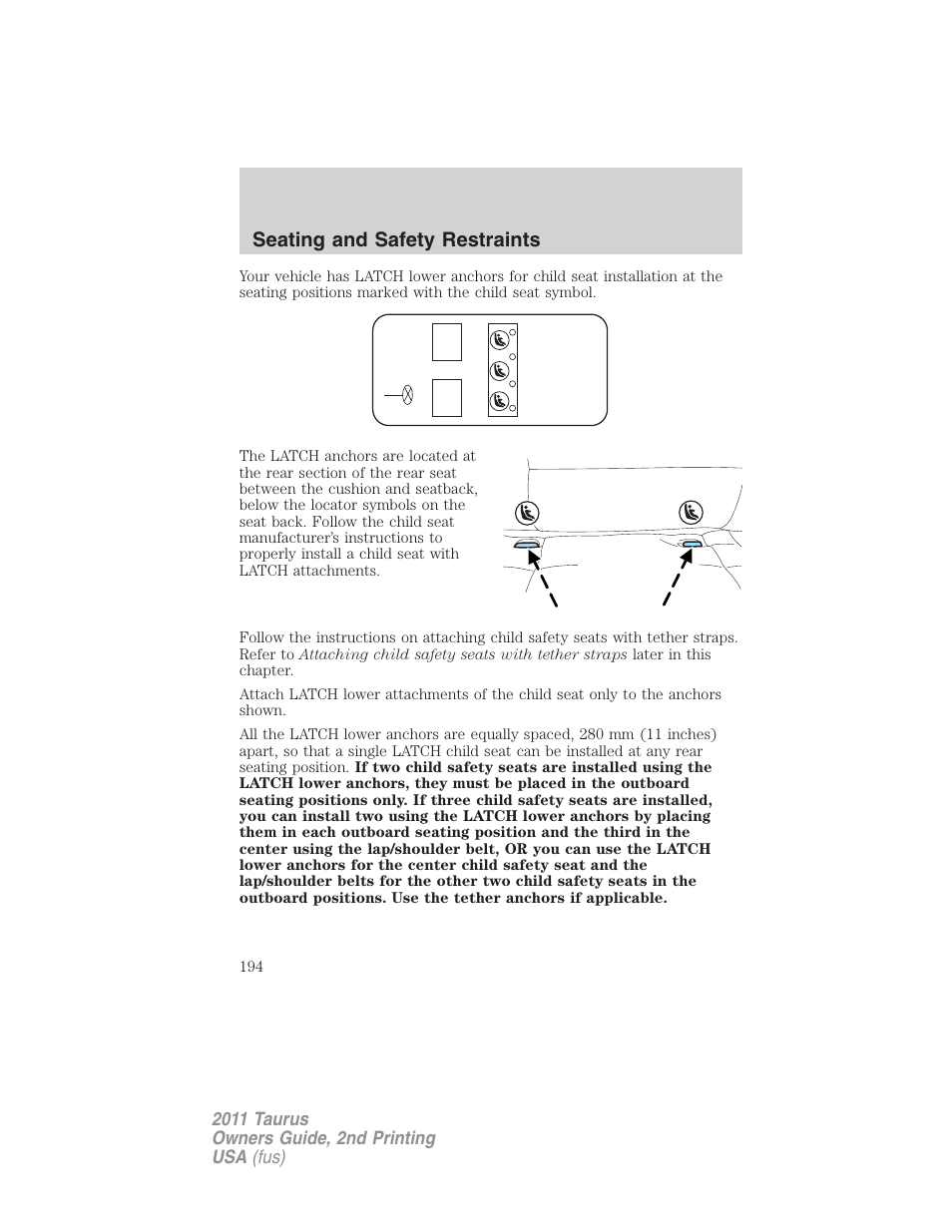Seating and safety restraints | FORD 2011 Taurus v.2 User Manual | Page 194 / 404