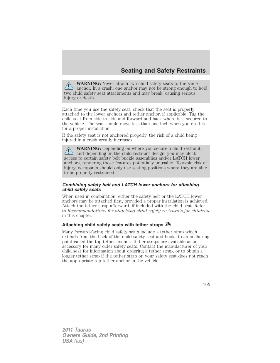 Attaching child safety seats with tether straps, Seating and safety restraints | FORD 2011 Taurus v.2 User Manual | Page 195 / 404