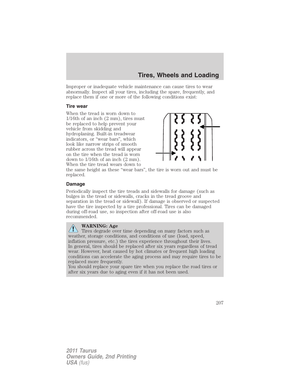Tire wear, Damage, Tires, wheels and loading | FORD 2011 Taurus v.2 User Manual | Page 207 / 404