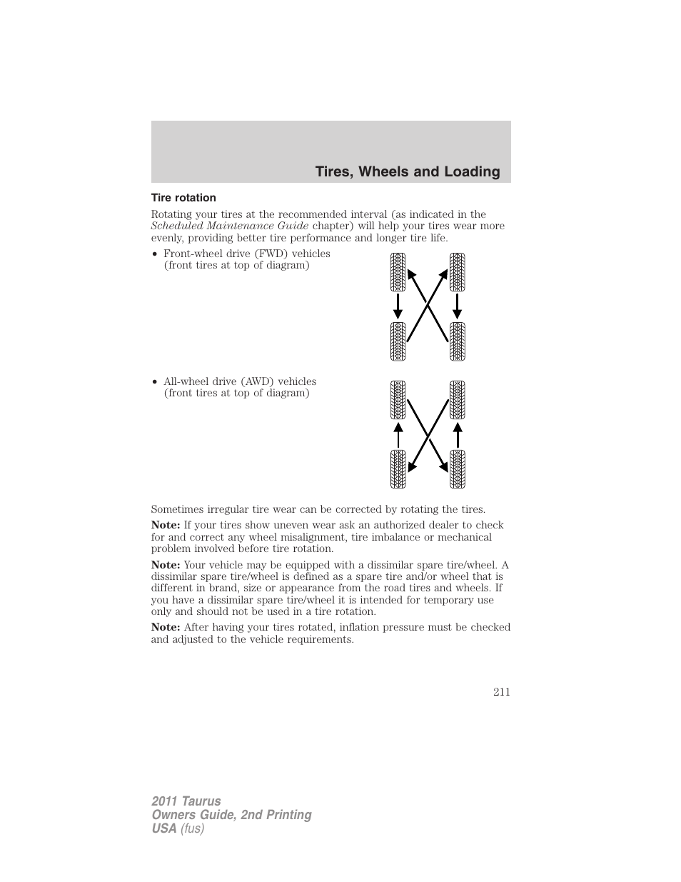 Tire rotation, Tires, wheels and loading | FORD 2011 Taurus v.2 User Manual | Page 211 / 404