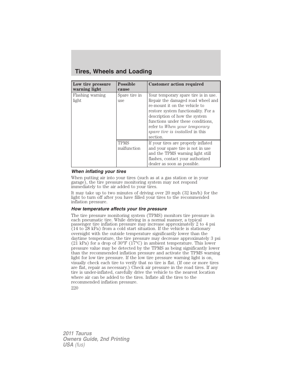 When inflating your tires, How temperature affects your tire pressure, Tires, wheels and loading | FORD 2011 Taurus v.2 User Manual | Page 220 / 404
