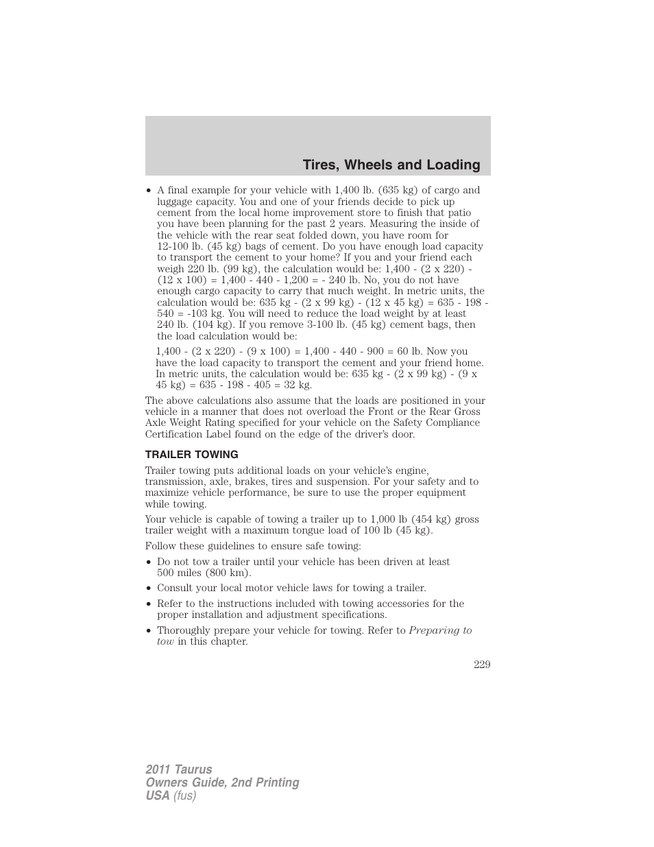 Trailer towing, Tires, wheels and loading | FORD 2011 Taurus v.2 User Manual | Page 229 / 404