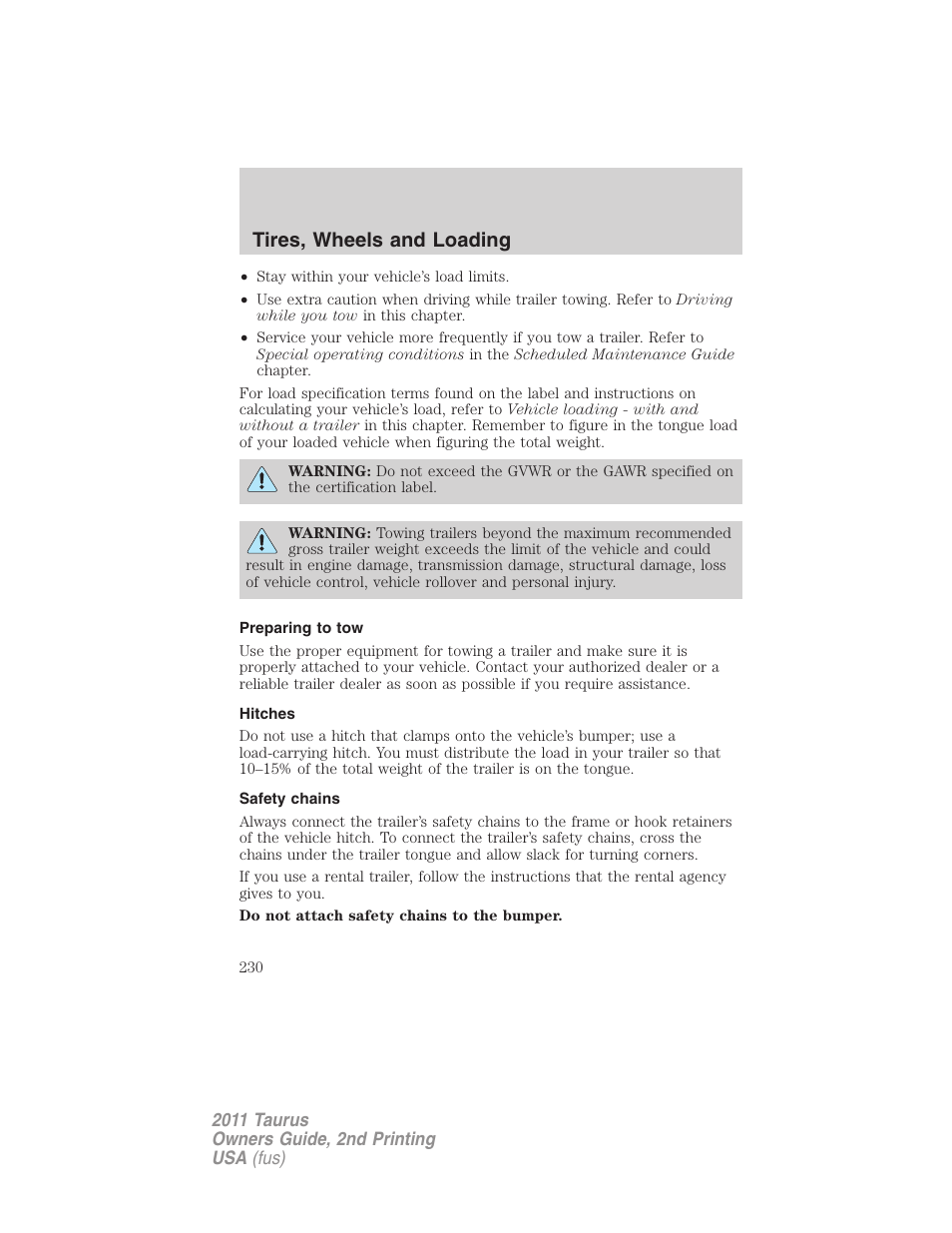 Preparing to tow, Hitches, Safety chains | Tires, wheels and loading | FORD 2011 Taurus v.2 User Manual | Page 230 / 404