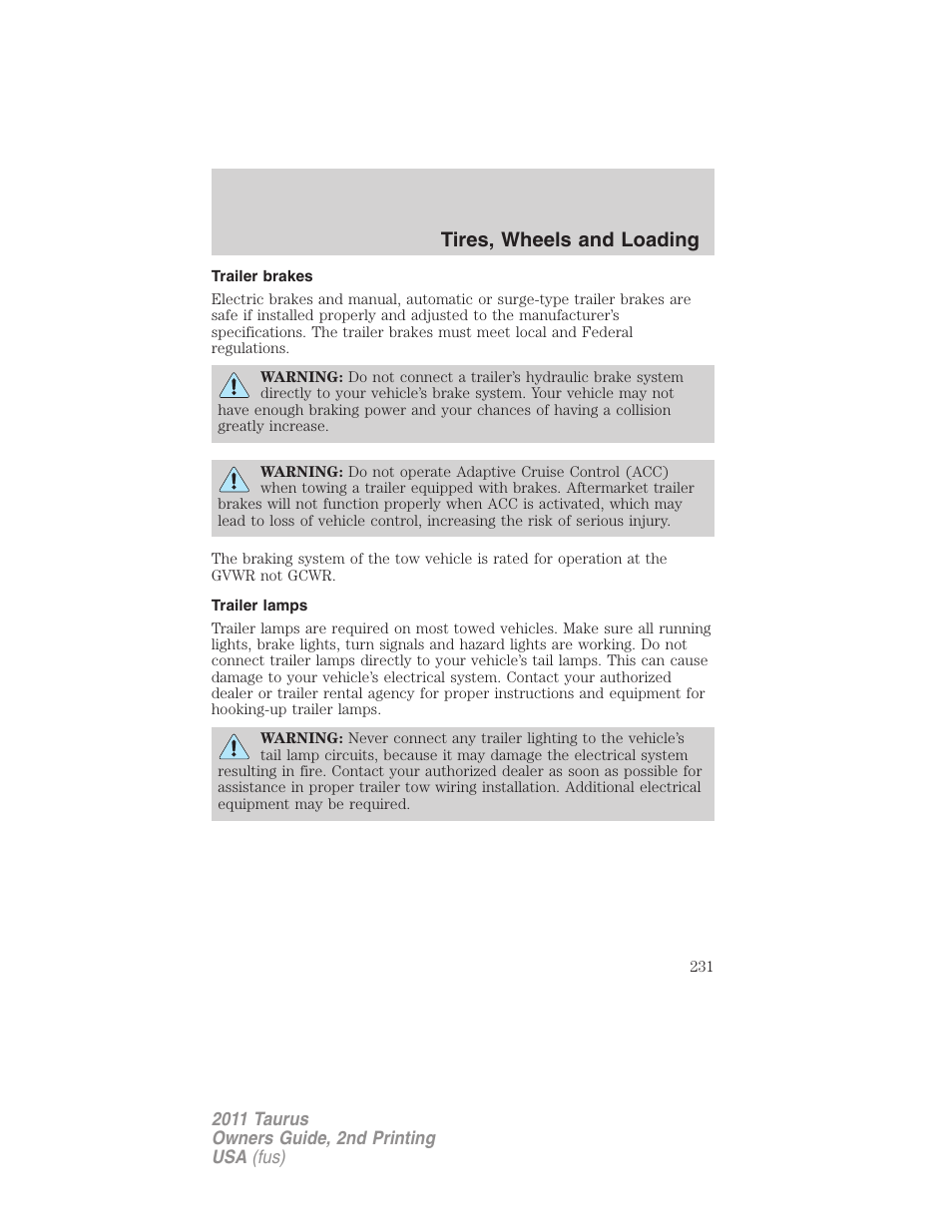 Trailer brakes, Trailer lamps, Tires, wheels and loading | FORD 2011 Taurus v.2 User Manual | Page 231 / 404