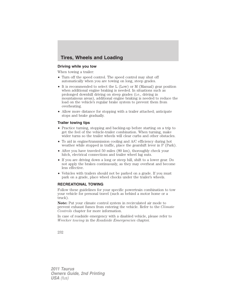 Driving while you tow, Trailer towing tips, Recreational towing | Tires, wheels and loading | FORD 2011 Taurus v.2 User Manual | Page 232 / 404