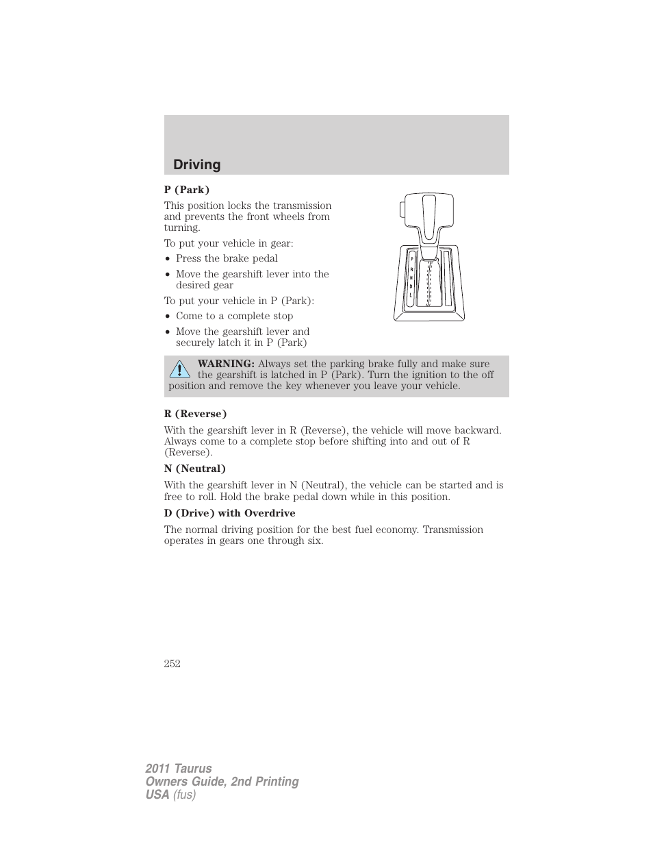 Driving | FORD 2011 Taurus v.2 User Manual | Page 252 / 404