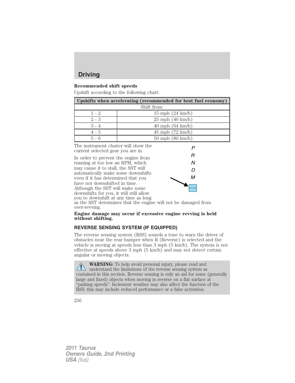 Reverse sensing system (if equipped), Reverse sensing system, Driving | FORD 2011 Taurus v.2 User Manual | Page 256 / 404