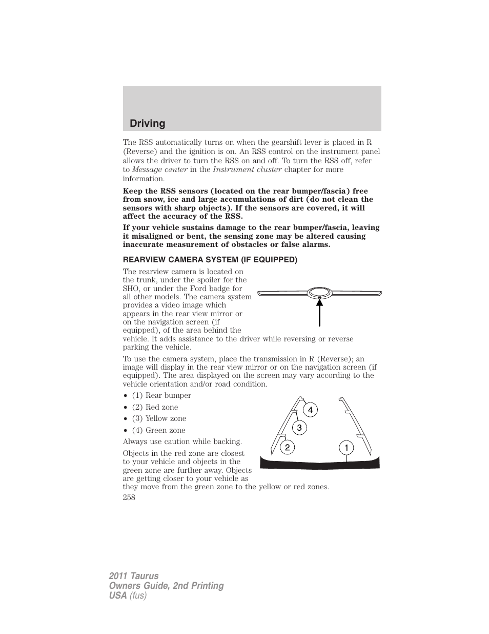 Rearview camera system (if equipped), Rear-view camera system, Driving | FORD 2011 Taurus v.2 User Manual | Page 258 / 404