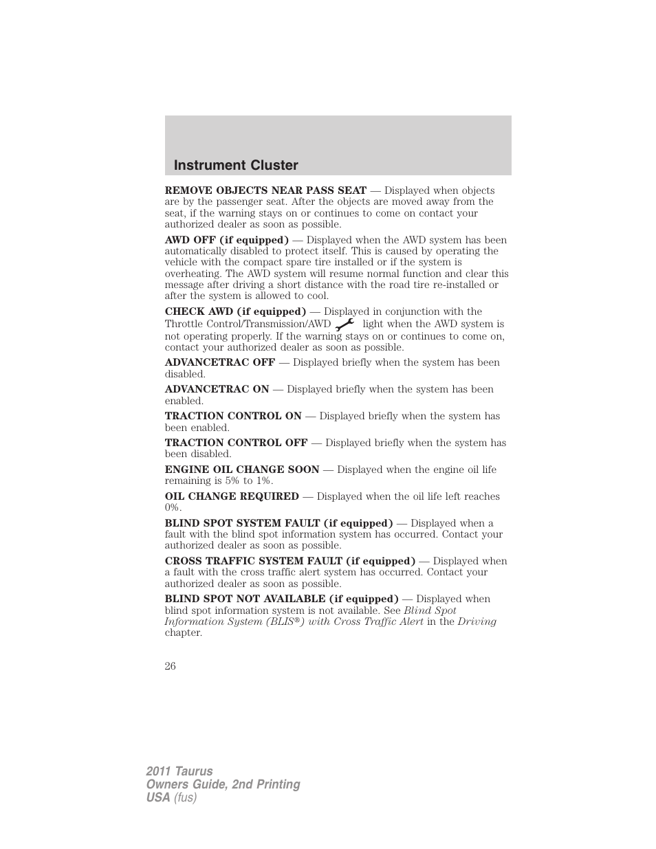 Instrument cluster | FORD 2011 Taurus v.2 User Manual | Page 26 / 404