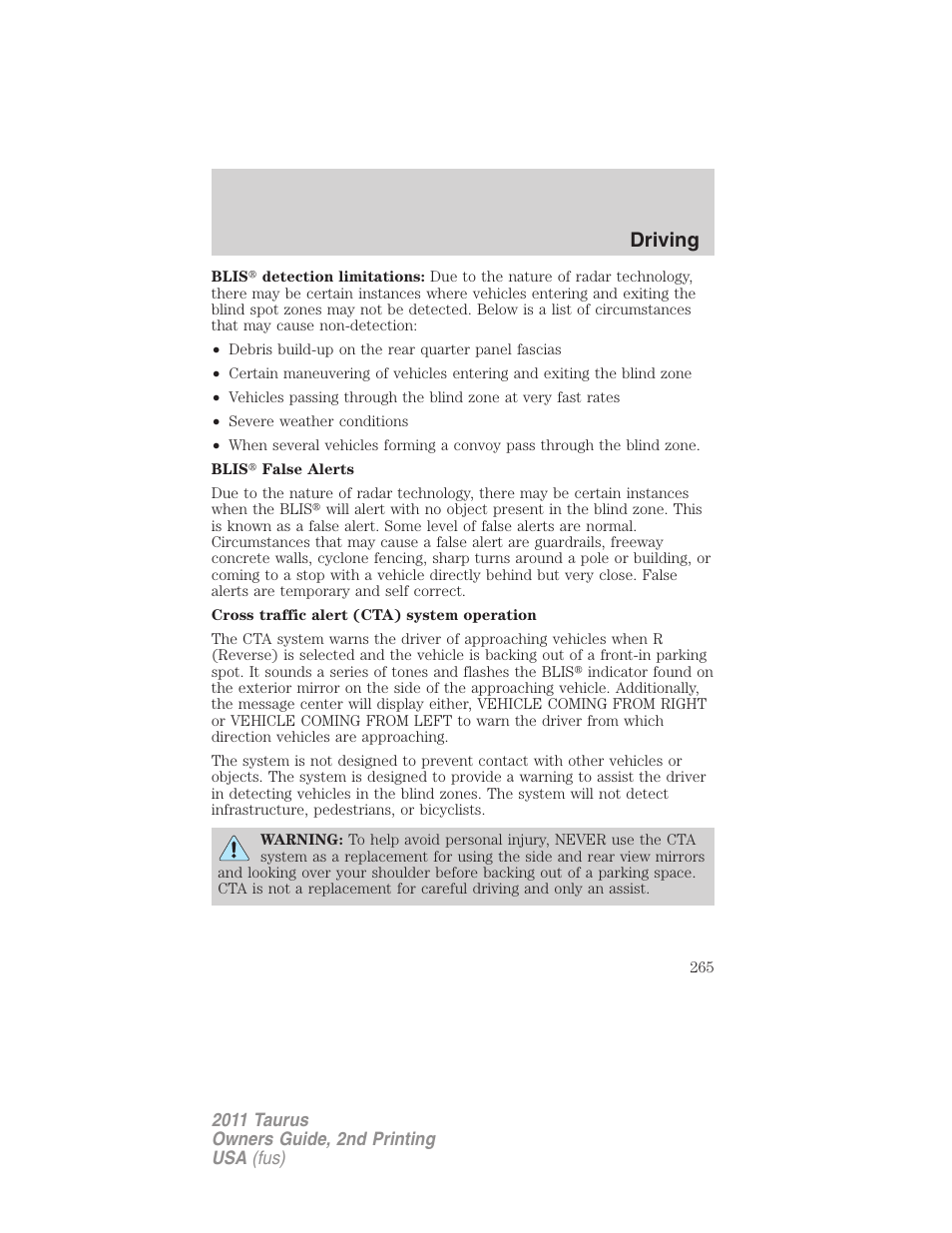 Driving | FORD 2011 Taurus v.2 User Manual | Page 265 / 404