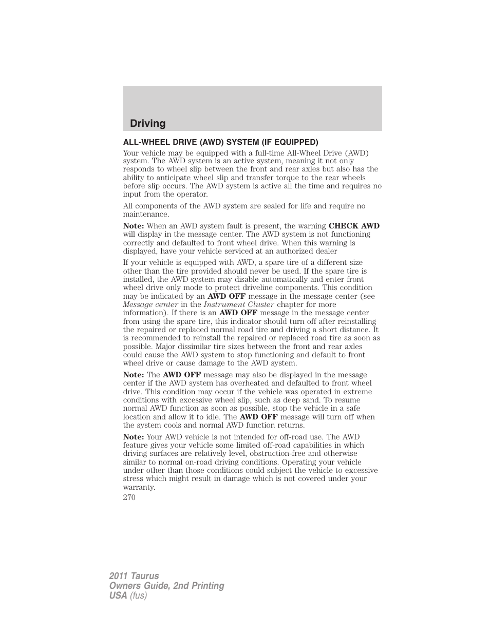All-wheel drive (awd) system (if equipped), Driving | FORD 2011 Taurus v.2 User Manual | Page 270 / 404