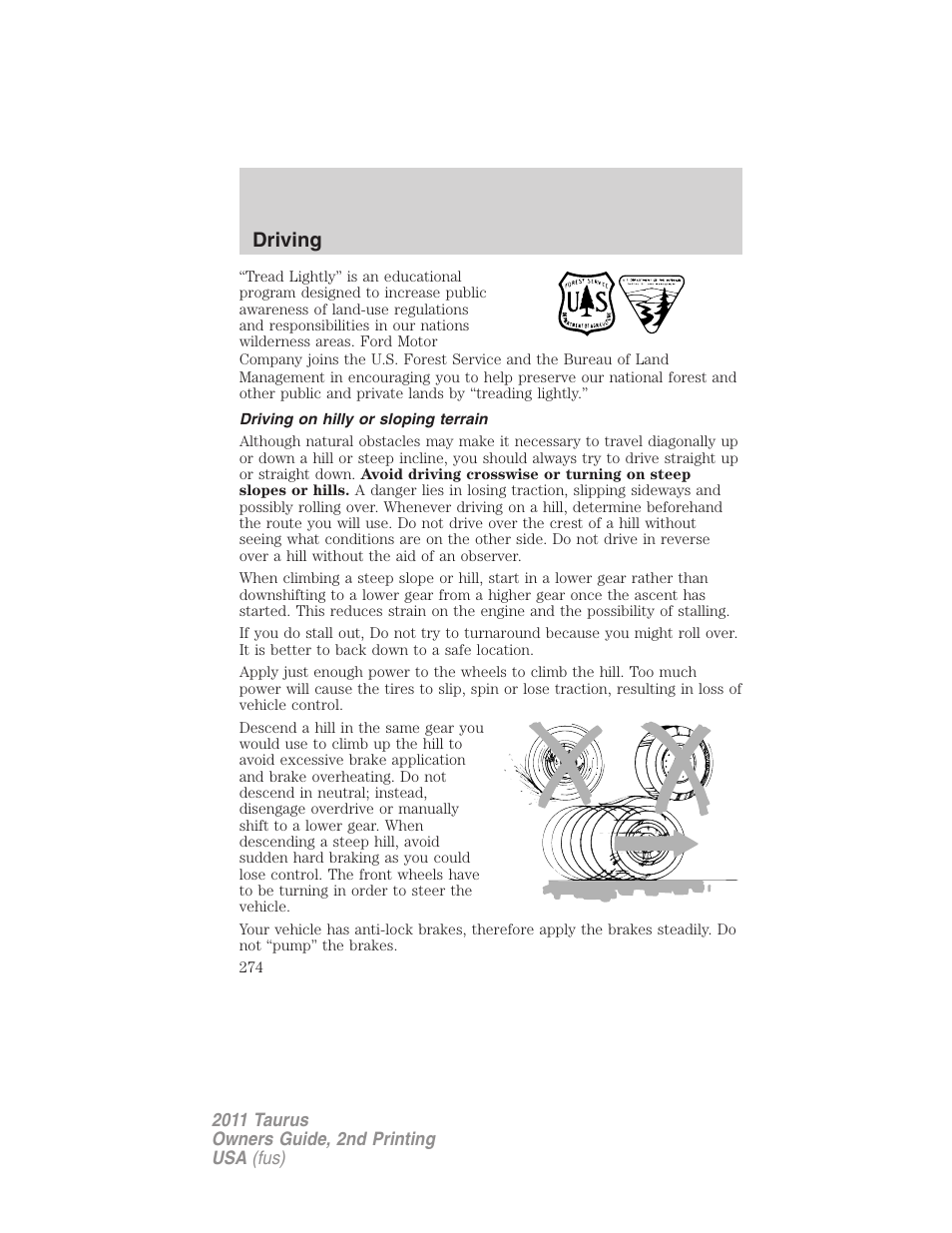 Driving on hilly or sloping terrain, Driving | FORD 2011 Taurus v.2 User Manual | Page 274 / 404