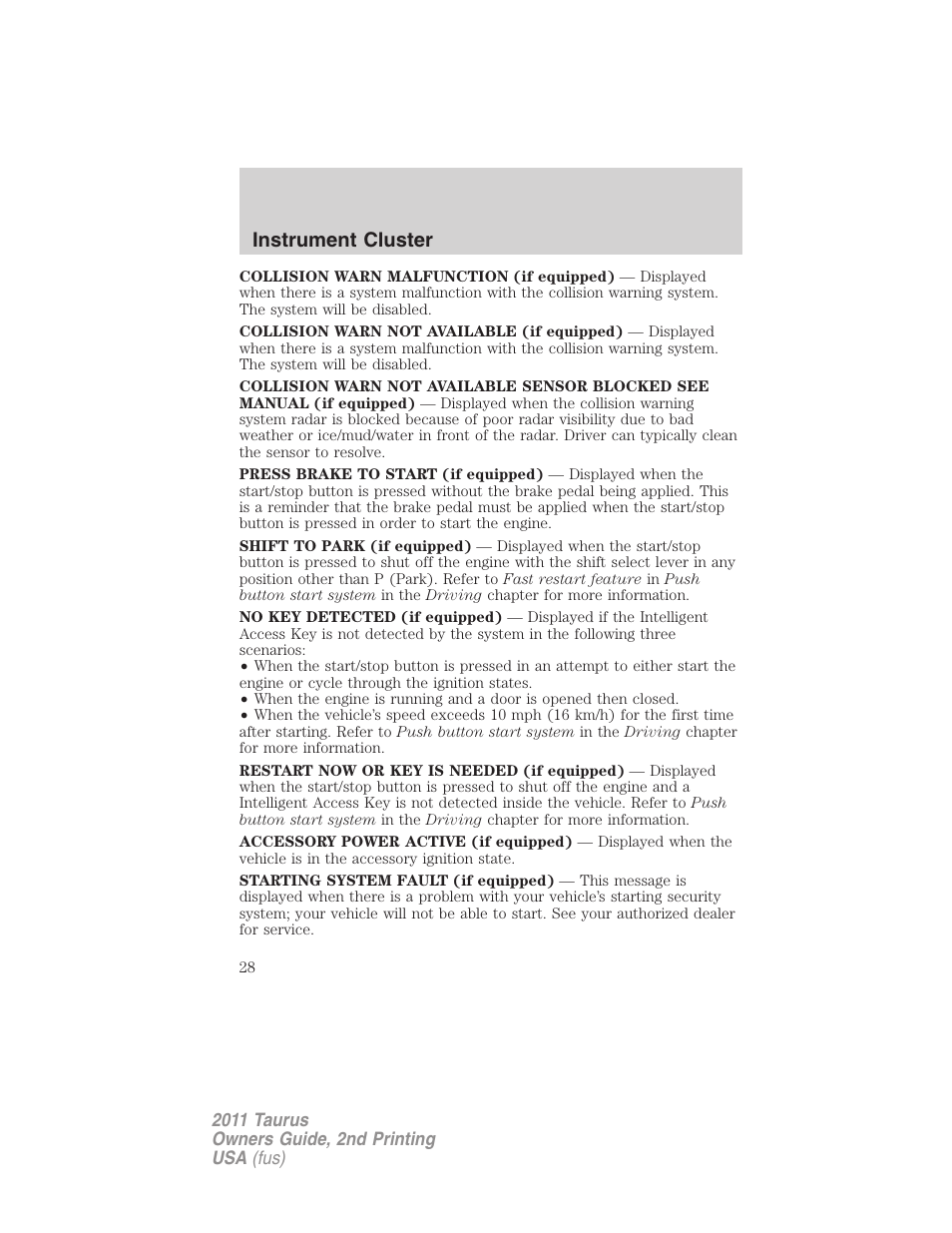 Instrument cluster | FORD 2011 Taurus v.2 User Manual | Page 28 / 404