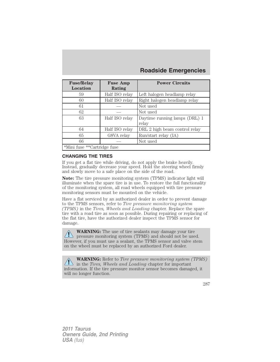 Changing the tires, Changing tires, Roadside emergencies | FORD 2011 Taurus v.2 User Manual | Page 287 / 404