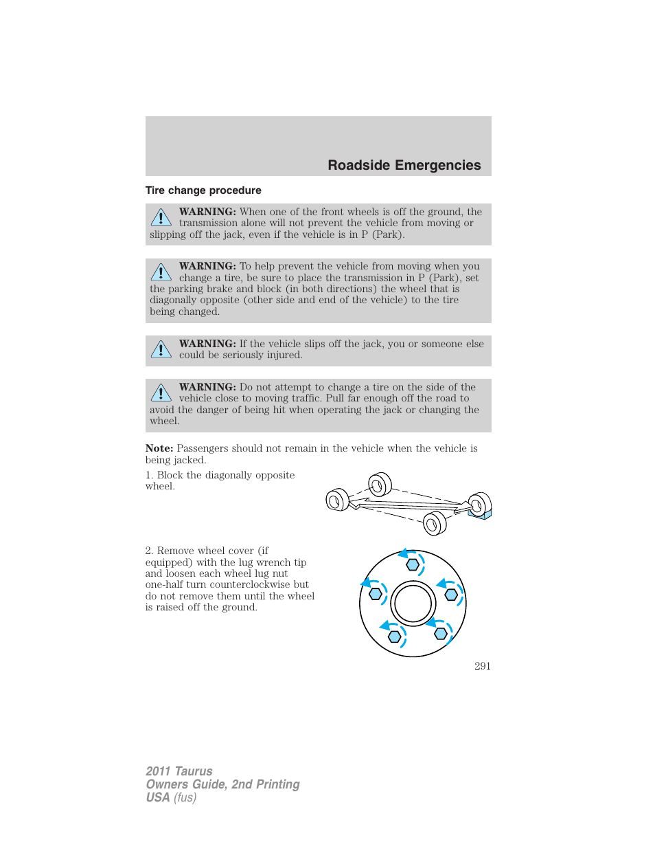 Tire change procedure, Roadside emergencies | FORD 2011 Taurus v.2 User Manual | Page 291 / 404