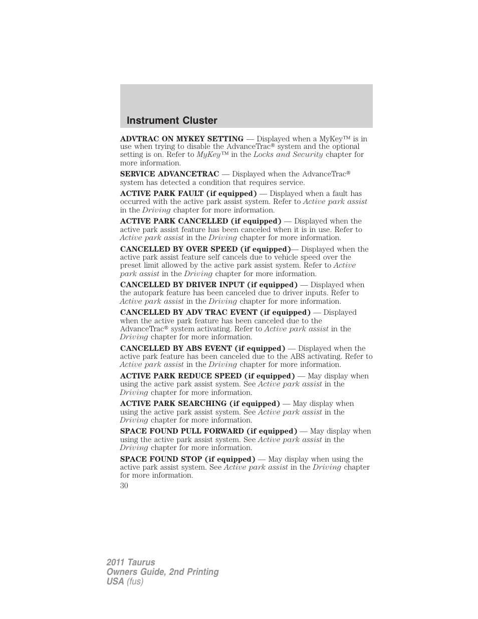 Instrument cluster | FORD 2011 Taurus v.2 User Manual | Page 30 / 404