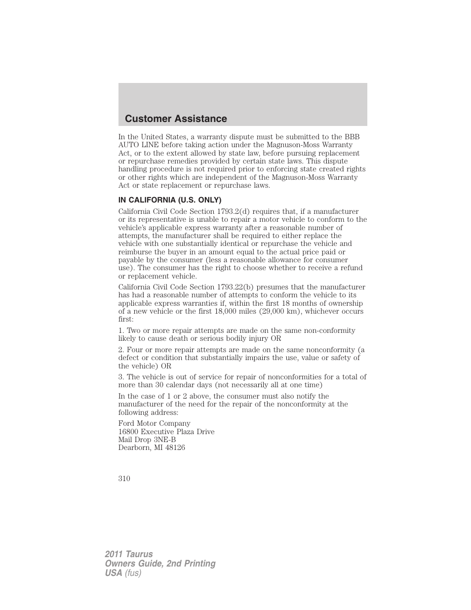 In california (u.s. only), Customer assistance | FORD 2011 Taurus v.2 User Manual | Page 310 / 404