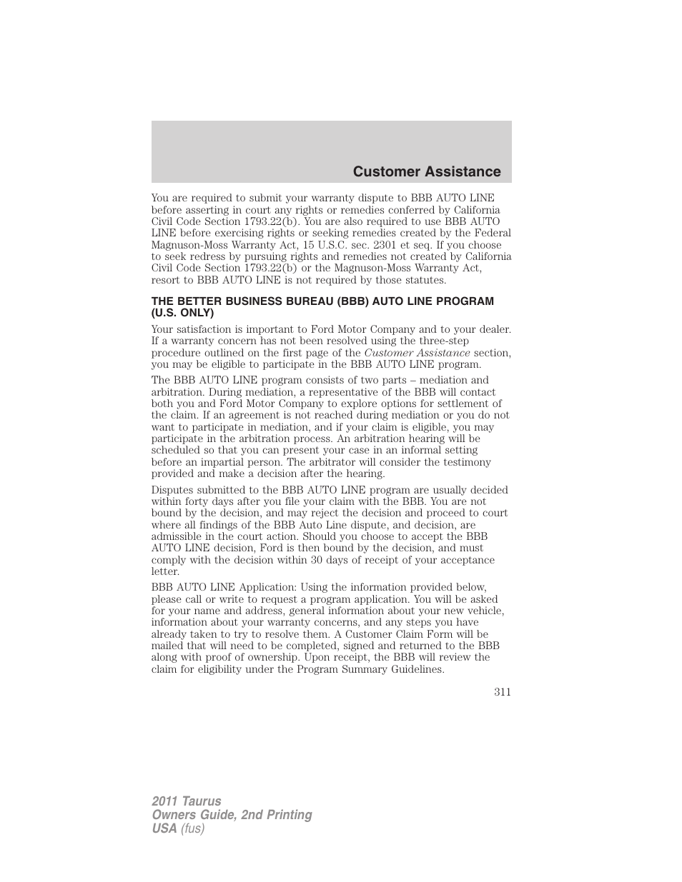Customer assistance | FORD 2011 Taurus v.2 User Manual | Page 311 / 404