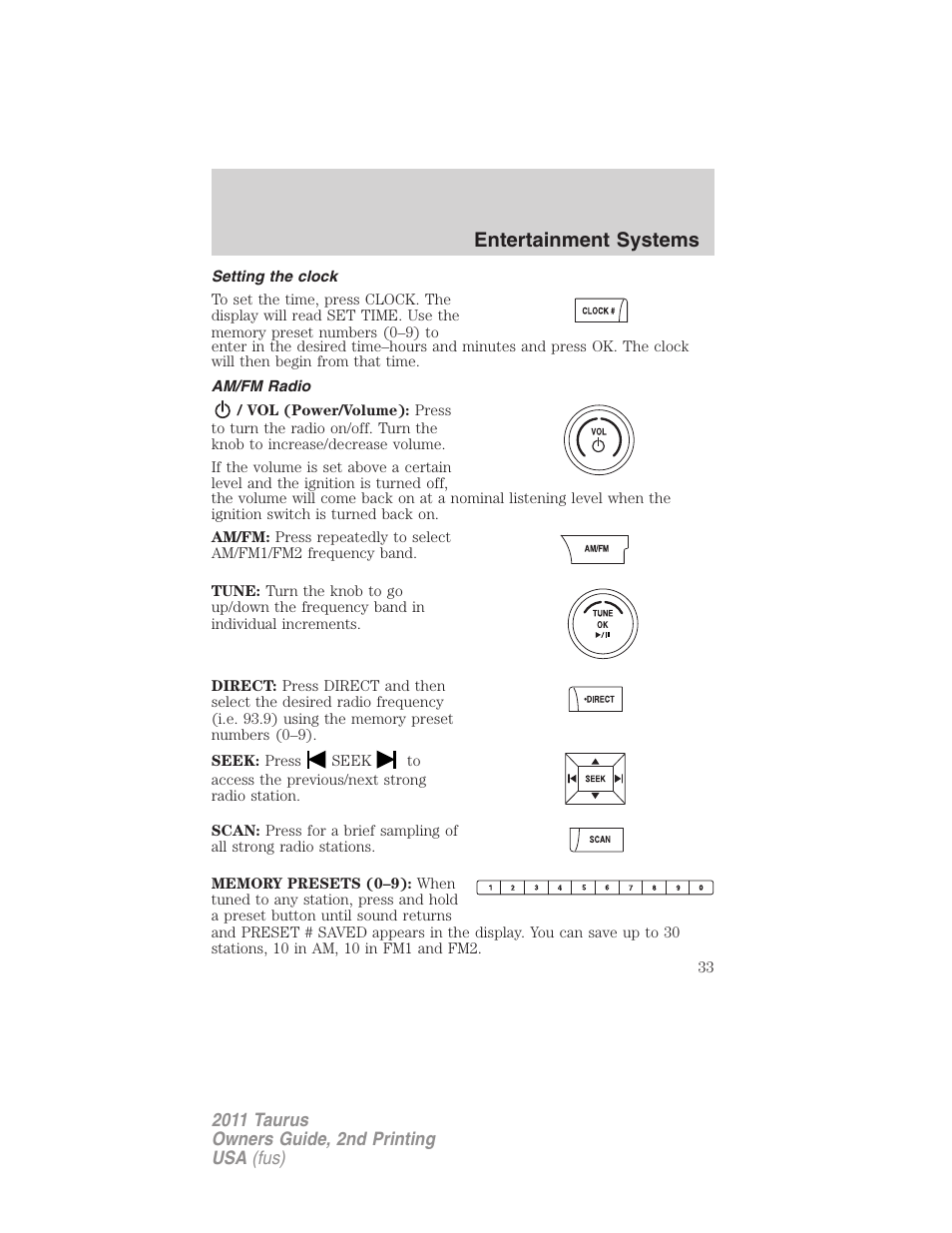 Setting the clock, Am/fm radio, Entertainment systems | FORD 2011 Taurus v.2 User Manual | Page 33 / 404