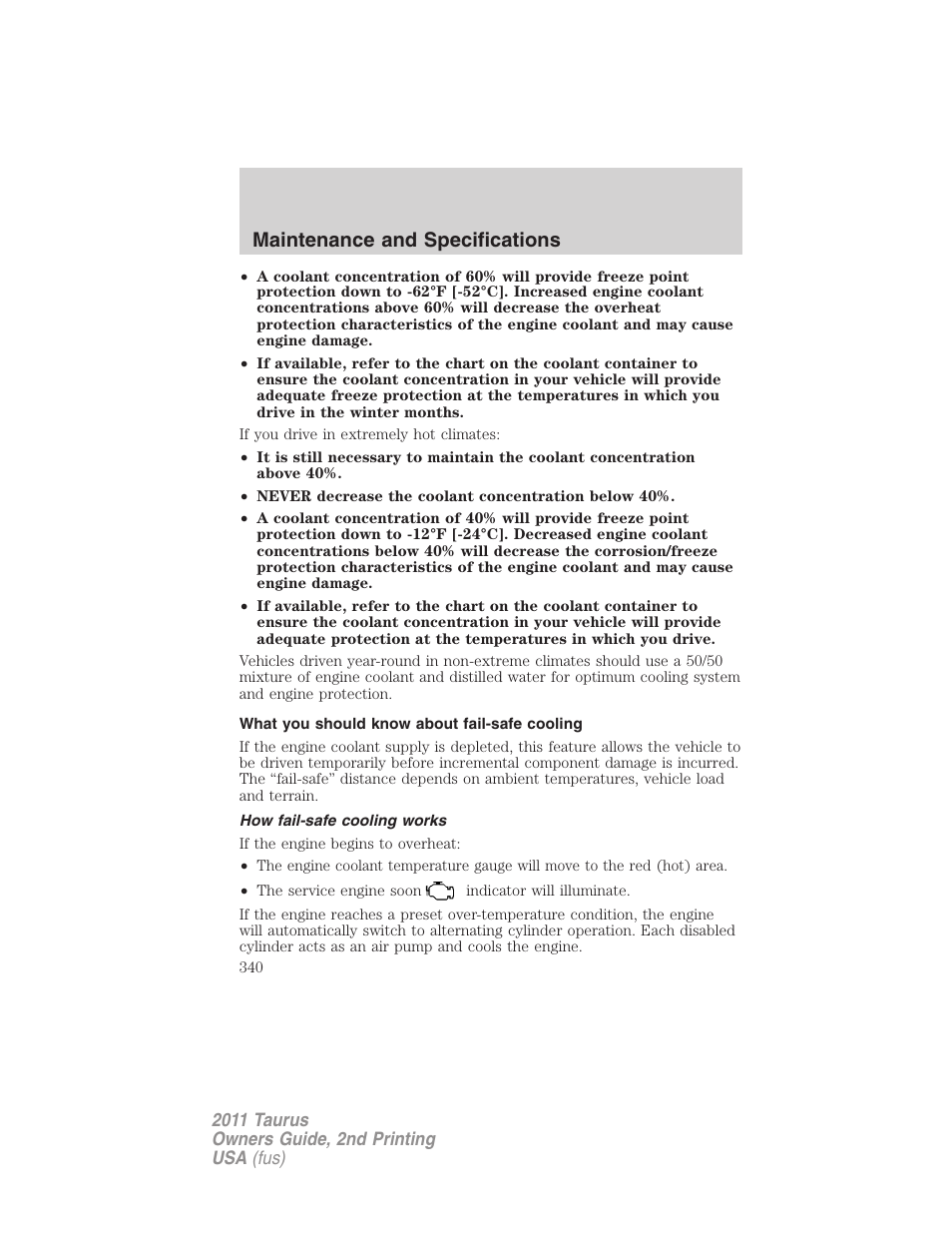 What you should know about fail-safe cooling, How fail-safe cooling works, Maintenance and specifications | FORD 2011 Taurus v.2 User Manual | Page 340 / 404