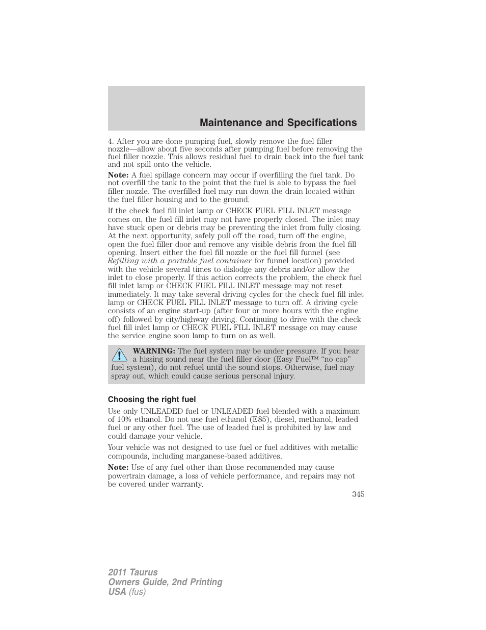 Choosing the right fuel, Maintenance and specifications | FORD 2011 Taurus v.2 User Manual | Page 345 / 404