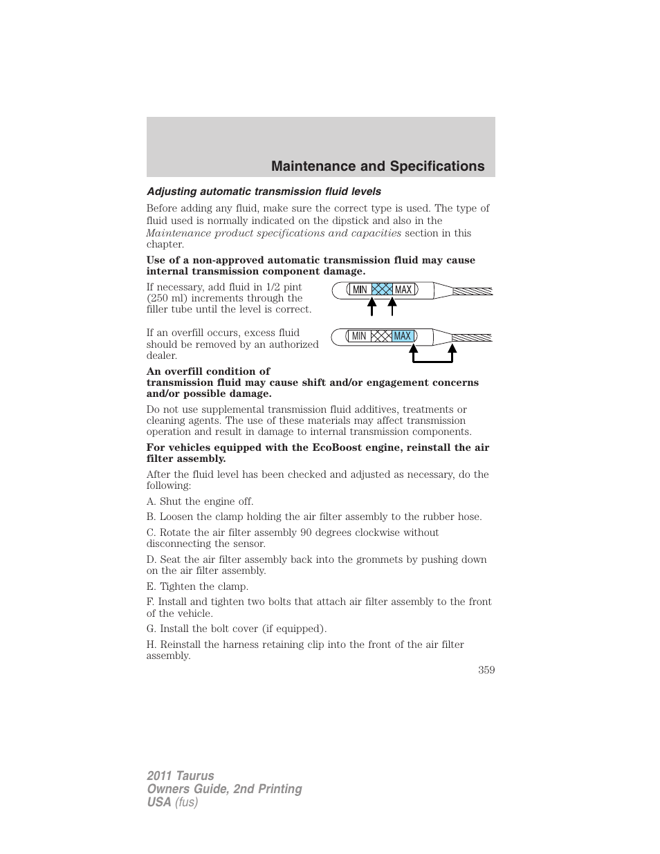 Adjusting automatic transmission fluid levels, Maintenance and specifications | FORD 2011 Taurus v.2 User Manual | Page 359 / 404