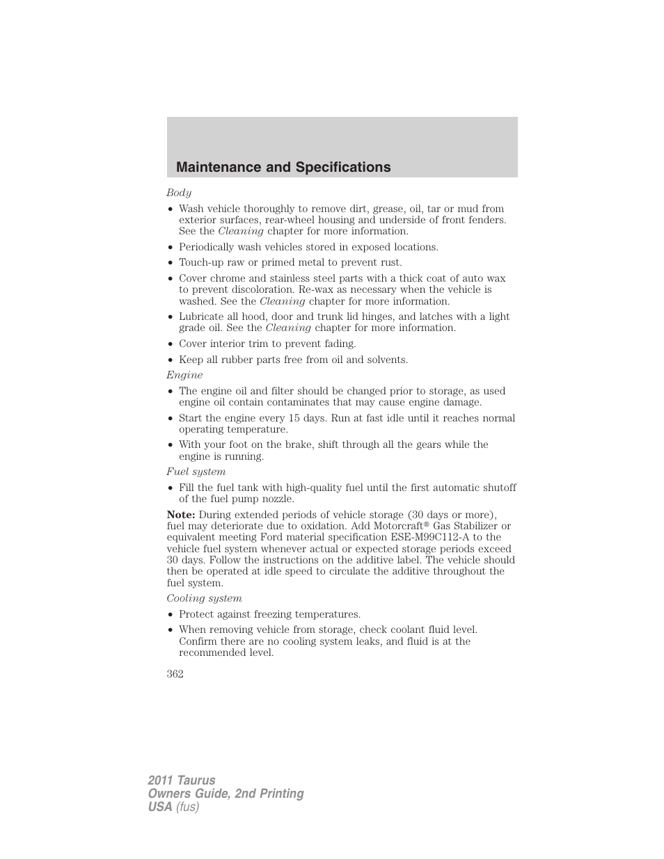 Maintenance and specifications | FORD 2011 Taurus v.2 User Manual | Page 362 / 404