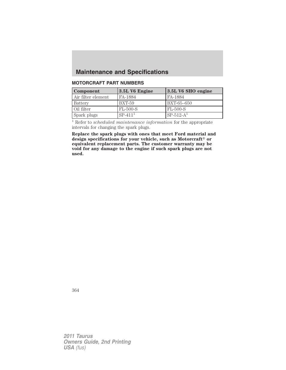 Motorcraft part numbers, Part numbers, Maintenance and specifications | FORD 2011 Taurus v.2 User Manual | Page 364 / 404