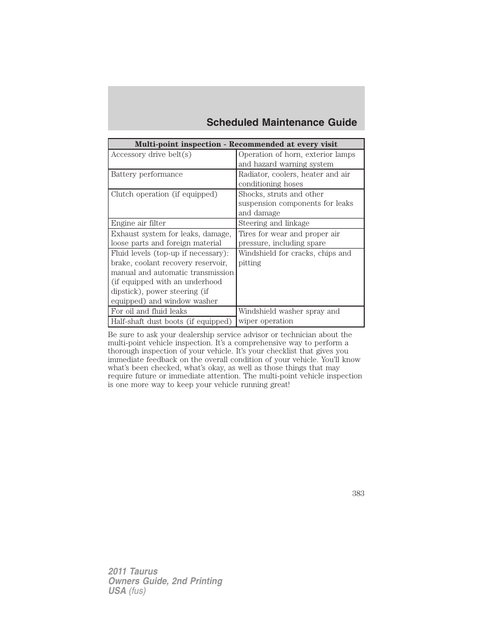 Scheduled maintenance guide | FORD 2011 Taurus v.2 User Manual | Page 383 / 404