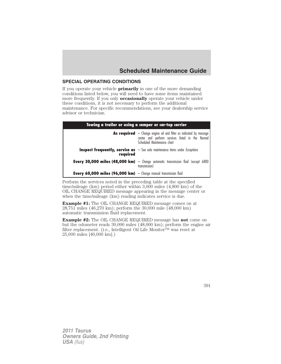 Special operating conditions, Scheduled maintenance guide | FORD 2011 Taurus v.2 User Manual | Page 391 / 404