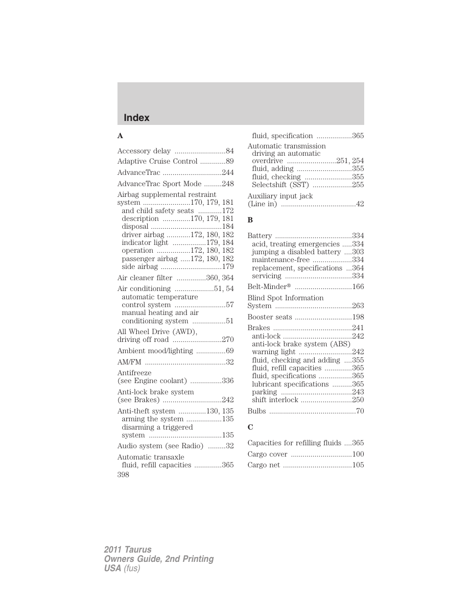 Index | FORD 2011 Taurus v.2 User Manual | Page 398 / 404