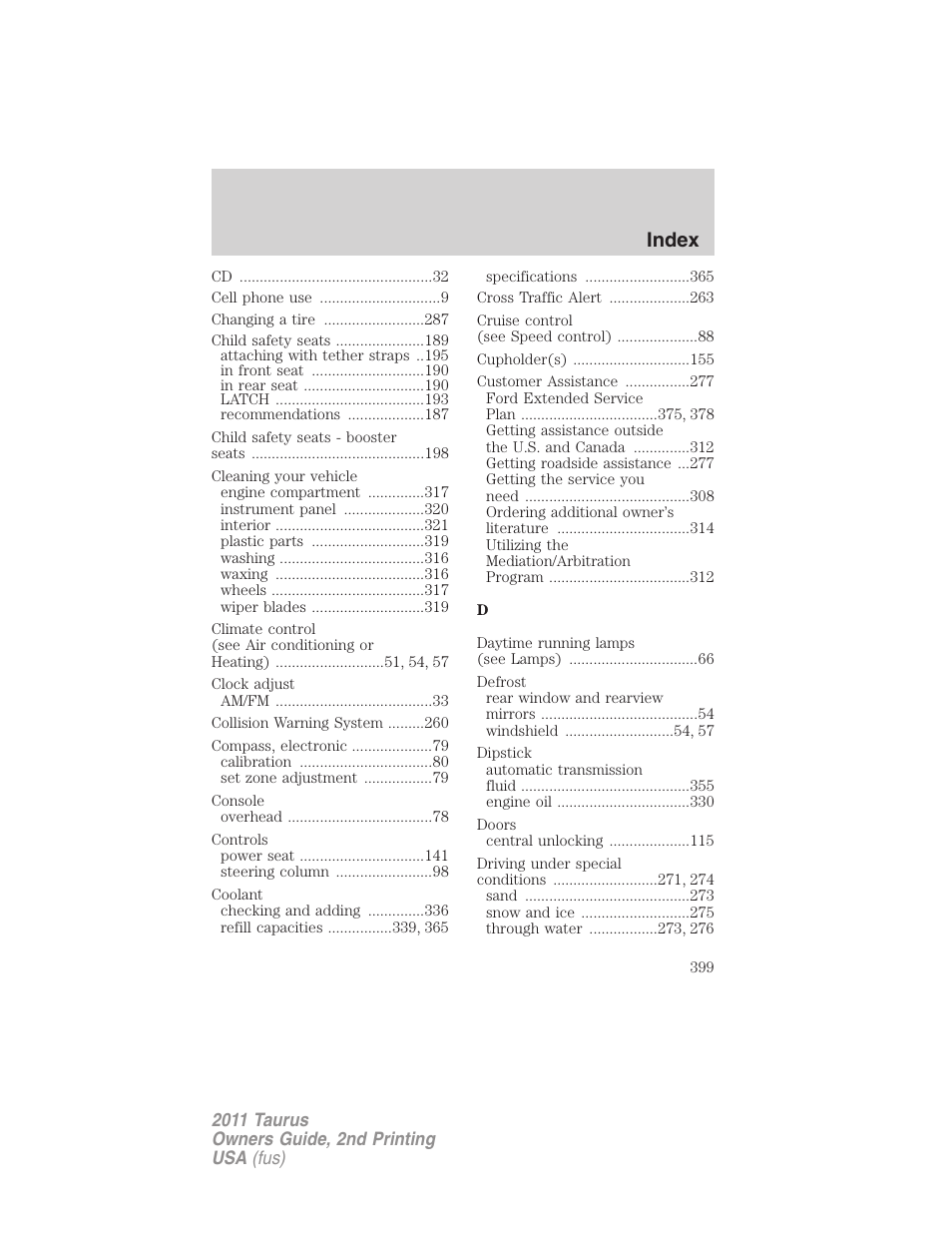 Index | FORD 2011 Taurus v.2 User Manual | Page 399 / 404