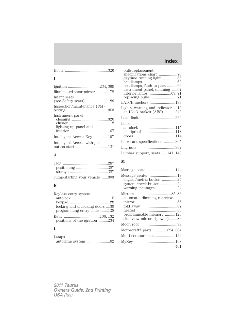 Index | FORD 2011 Taurus v.2 User Manual | Page 401 / 404