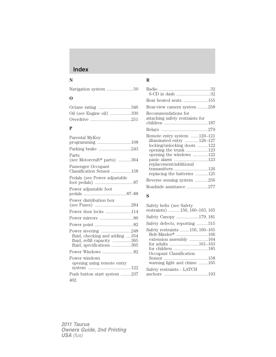 Index | FORD 2011 Taurus v.2 User Manual | Page 402 / 404