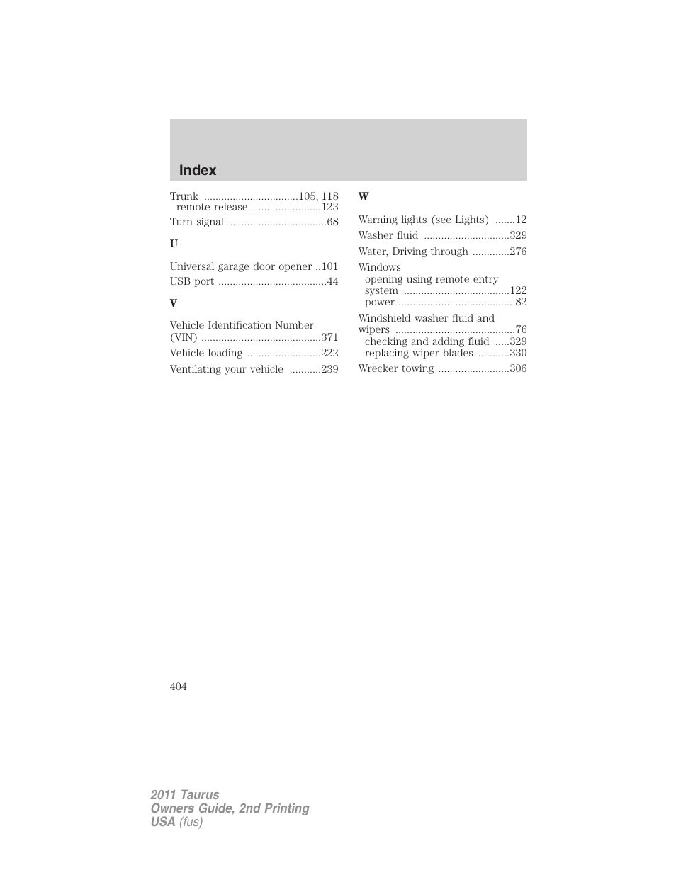 Index | FORD 2011 Taurus v.2 User Manual | Page 404 / 404