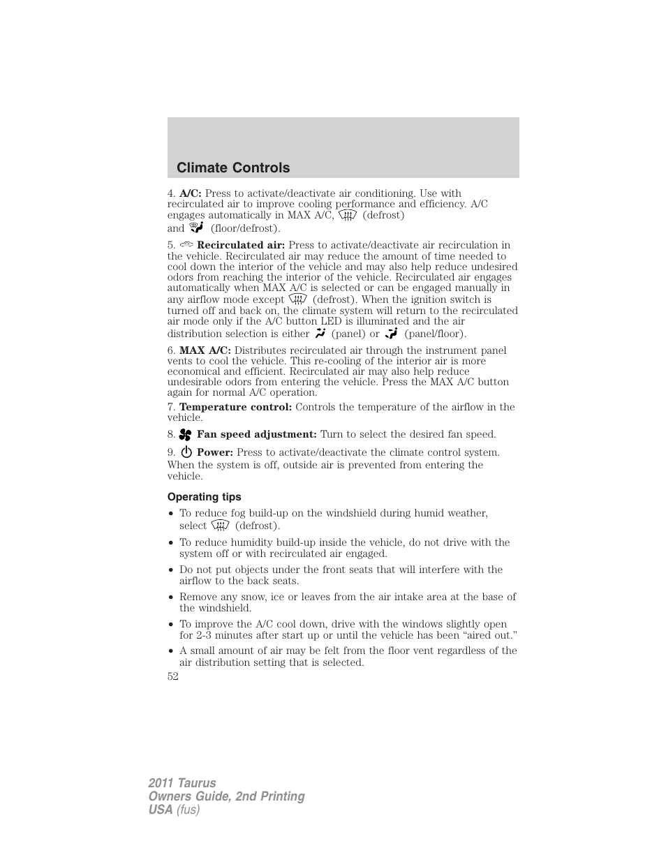 Operating tips, Climate controls | FORD 2011 Taurus v.2 User Manual | Page 52 / 404