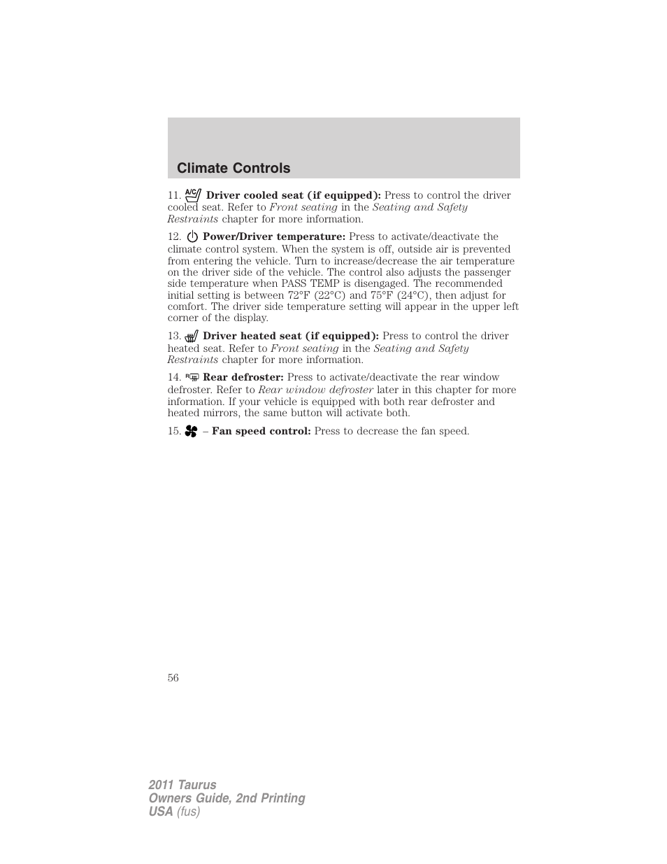 Climate controls | FORD 2011 Taurus v.2 User Manual | Page 56 / 404