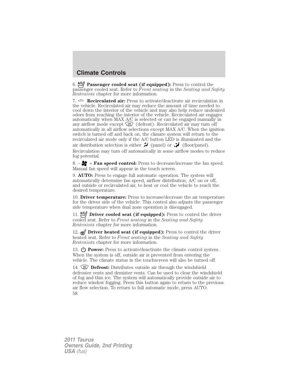 Climate controls | FORD 2011 Taurus v.2 User Manual | Page 58 / 404