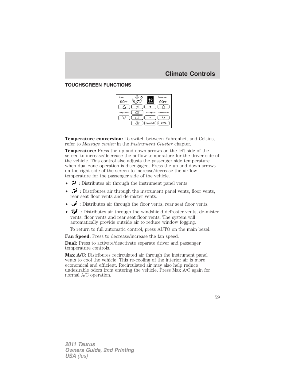 Touchscreen functions, Climate controls | FORD 2011 Taurus v.2 User Manual | Page 59 / 404