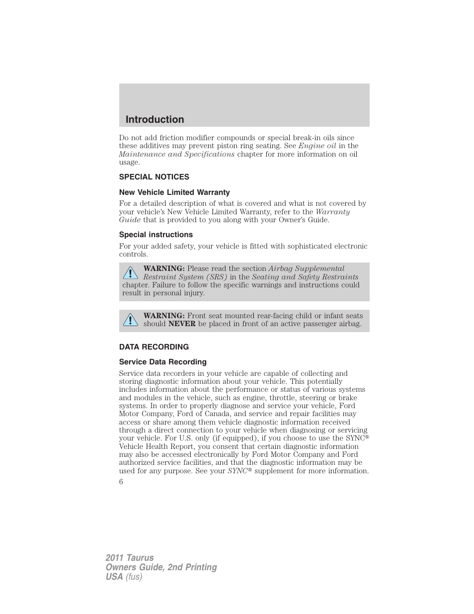 Special notices, New vehicle limited warranty, Special instructions | Data recording, Service data recording, Introduction | FORD 2011 Taurus v.2 User Manual | Page 6 / 404